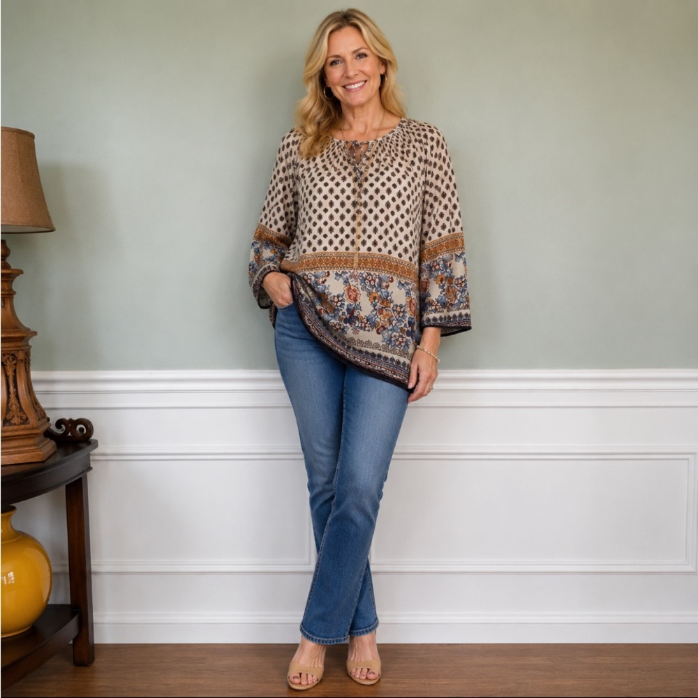 TANTRUMS Boho Floral Peasant Cream with Blue & Mustard Top Size Large